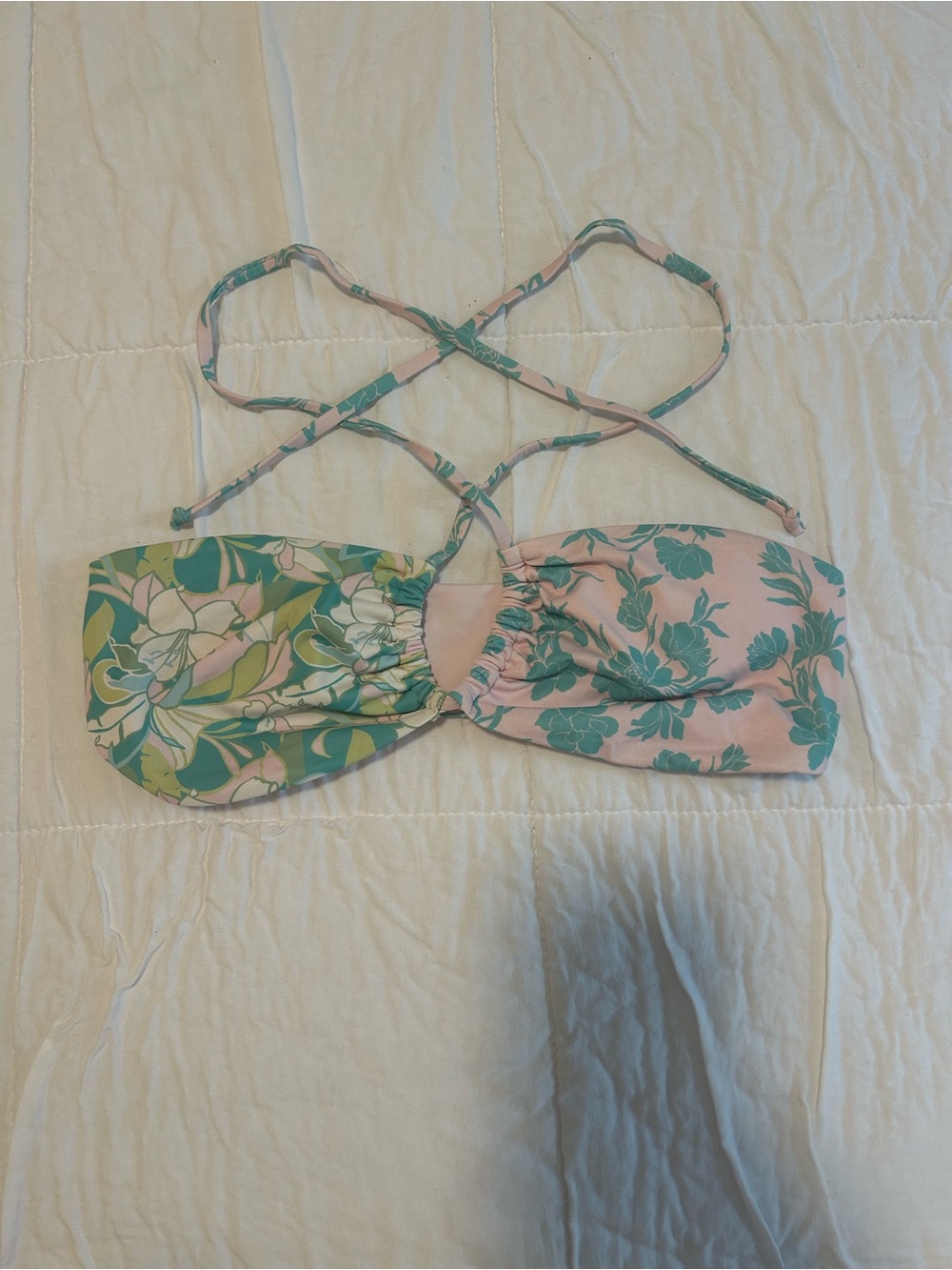 Floral Bandeau Bikini Top in Green and Pink